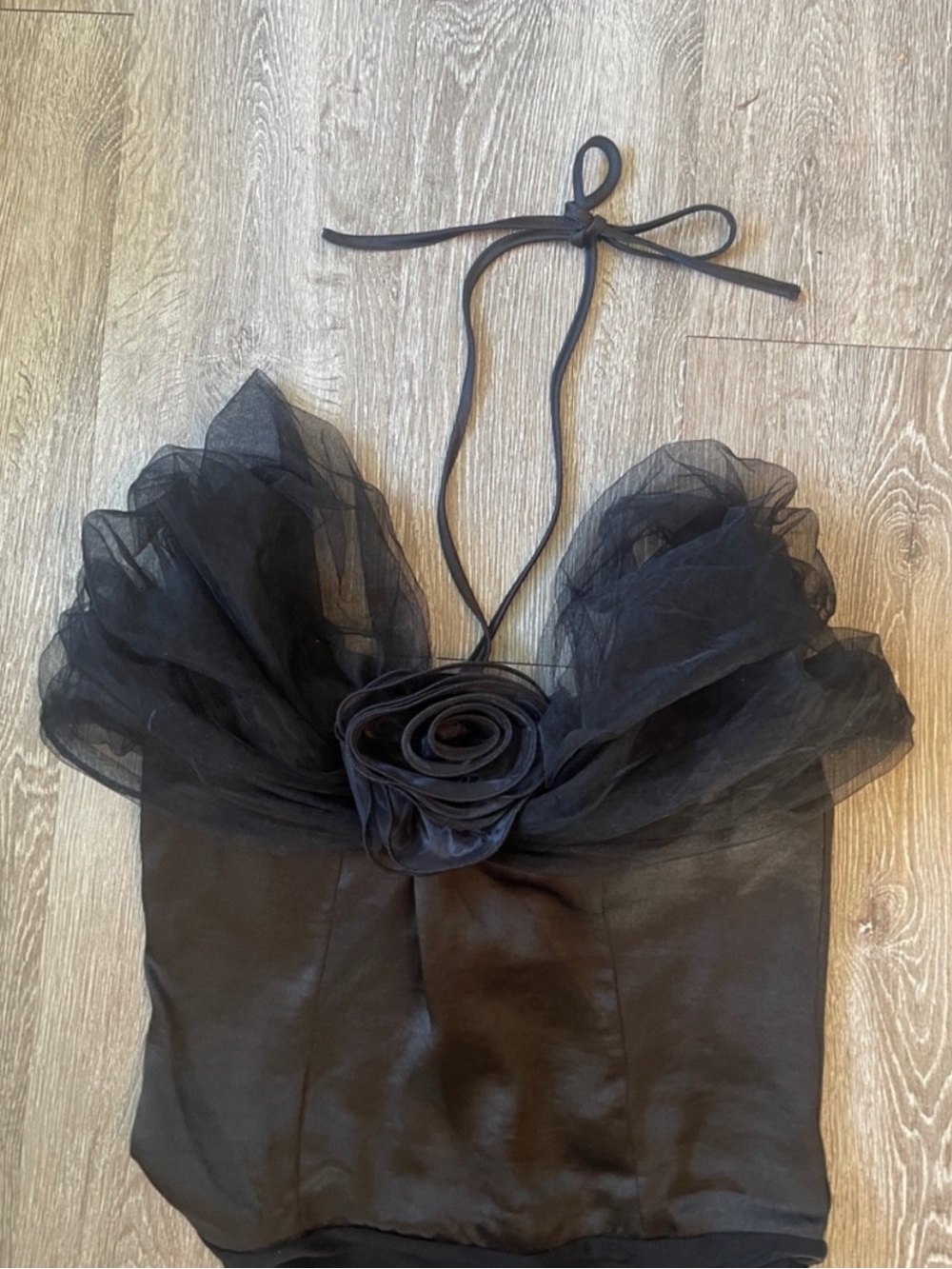 Lulu's size M rosette Black tulle Off-Shoulder Rose Detail Bodysuit - Picture 7 of 12
